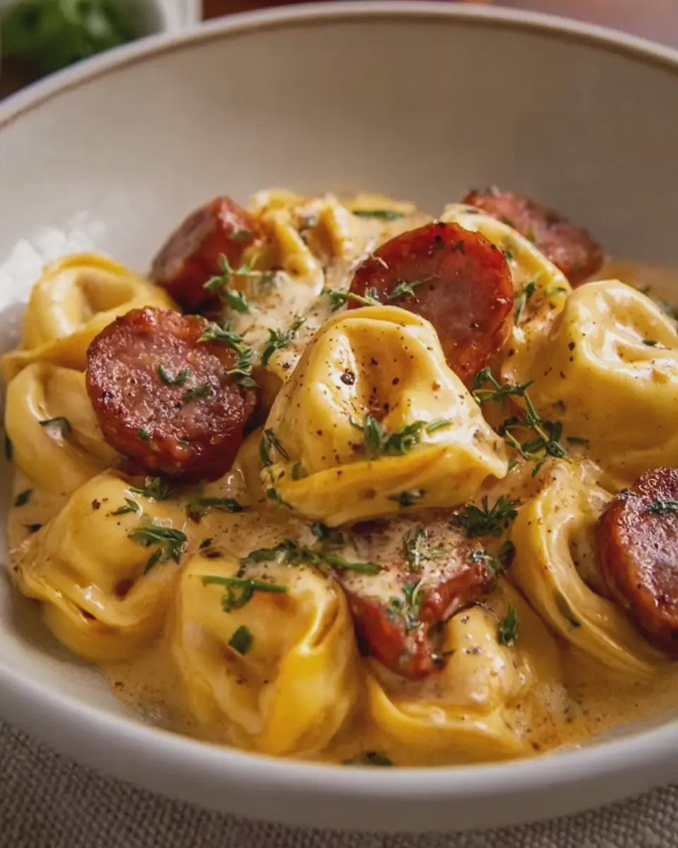 Creamy Tortellini with Smoked Beef Sausage and Boursin Cheese Delight