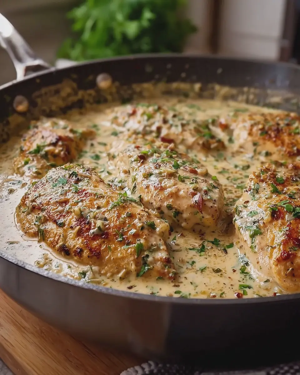One Pan Creamy Garlic Chicken Breasts with Irresistible Turkey Bacon