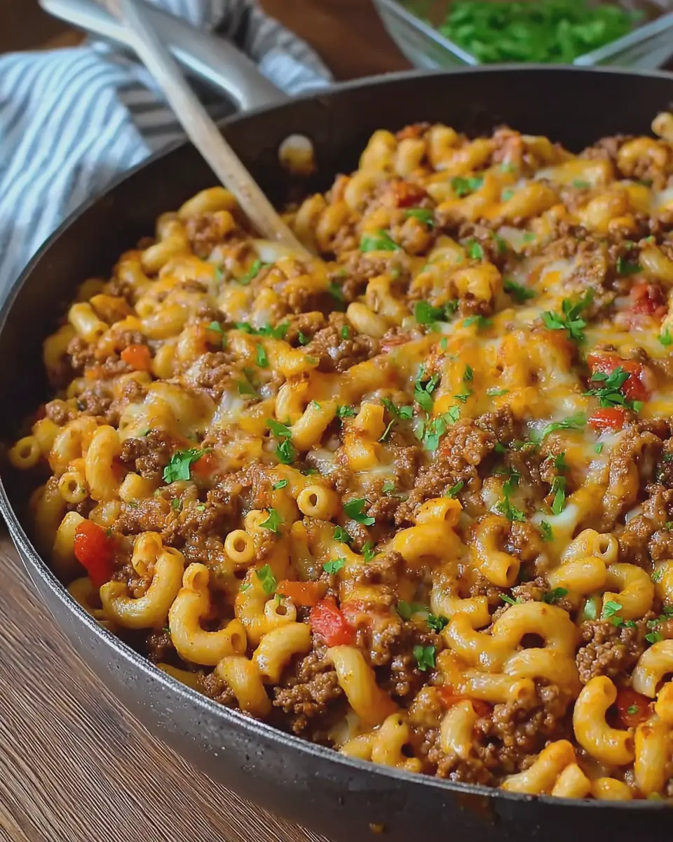 Smoky BBQ Ground Beef &amp; Cheddar Macaroni Skillet Delight
