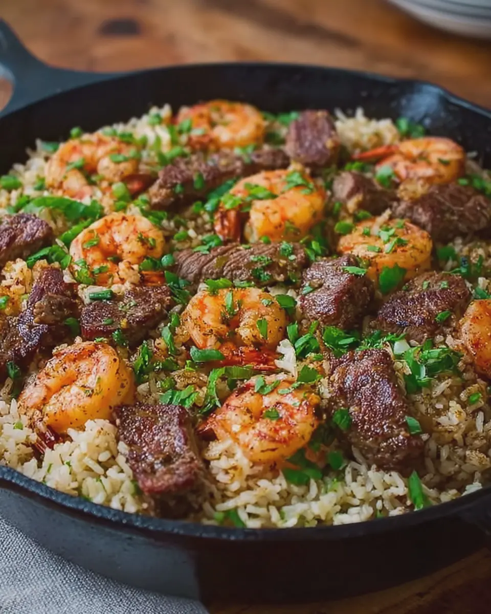 Southern Garlic Butter Shrimp and Steak Rice Skillet Delight