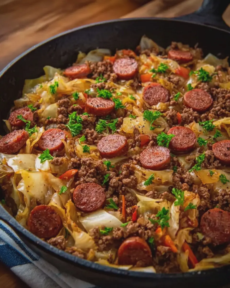 Dirty Cabbage Skillet: A Hearty Dish with Ground Beef & Smoked Sausage