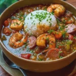 Chicken Shrimp and Sausage Gumbo with Rice