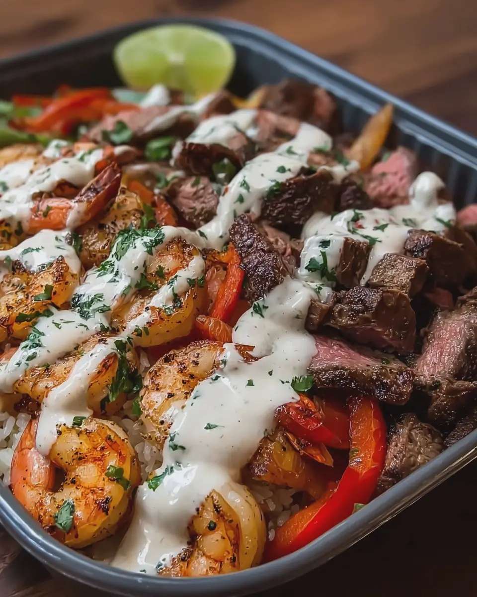 Shrimp and Steak Fajita Bowl: Easy Creamy Sauce Delight